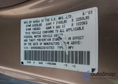 2003 Honda Cr-V Lx из США, поврежденный, VIN SHSRD68423U107703